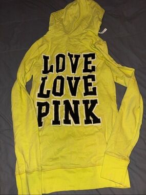 PINK Victoria's Secret Neon Yellow Hoodie with Black Lettering